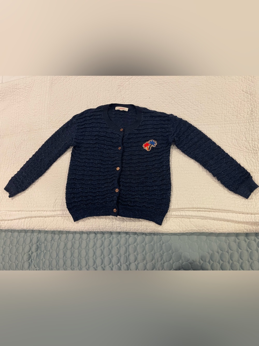 Catimini Navy Knit Button Cardigan Palm Tree Patch Sparkly Sz 4 Toddler Scallop